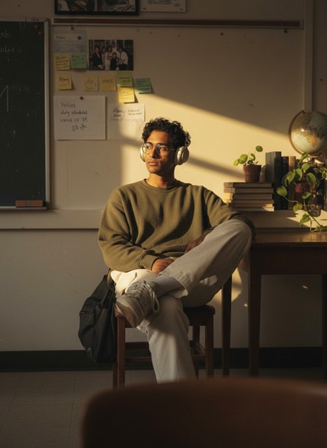 Photo of Shan sitting in a sunbeam with his legs crossed. He is wearing headphones. 